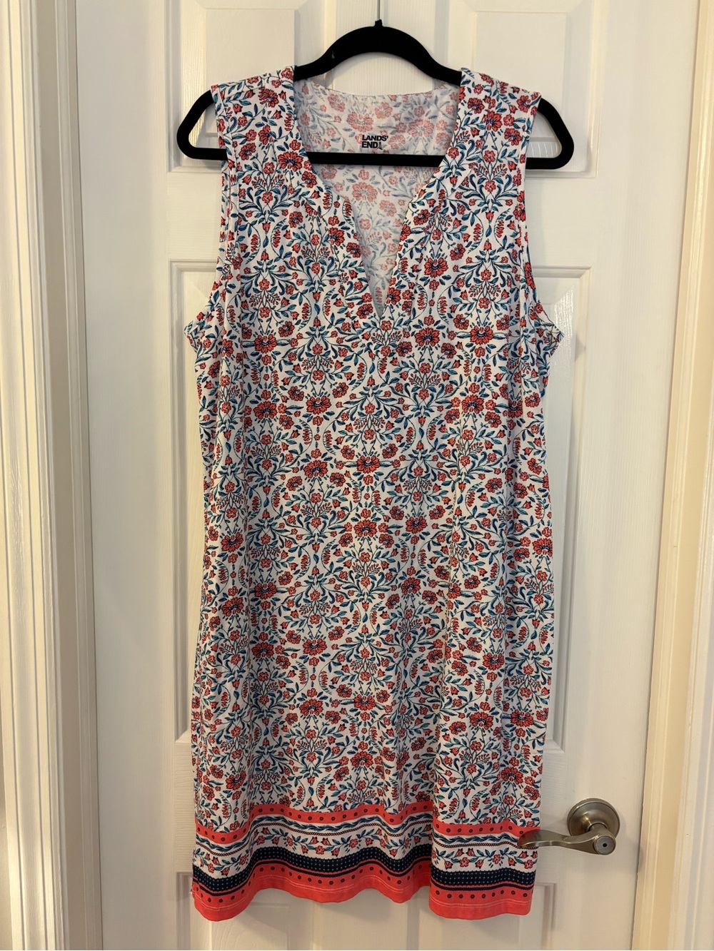 Lands' End Sleeveless Floral Shift Dress in White, Red & Blue